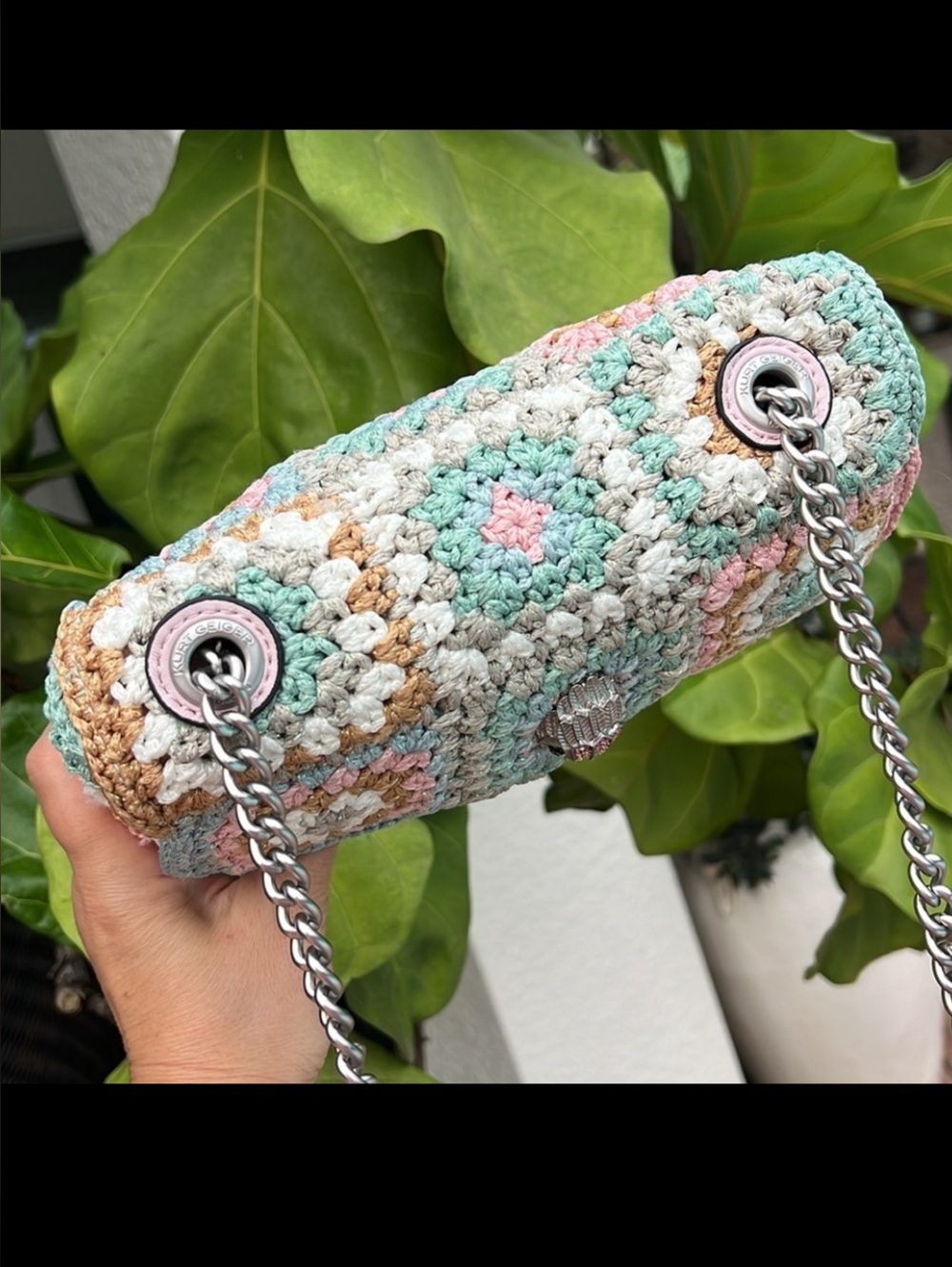Kurt Geiger Kensington crochet patchwork boho crossbody bag pastel blue pink - Picture 7 of 13